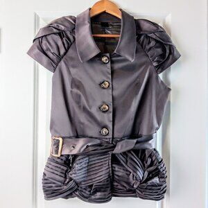 C. Luce Grey Pleated Belted Cap Sleeve Jacket